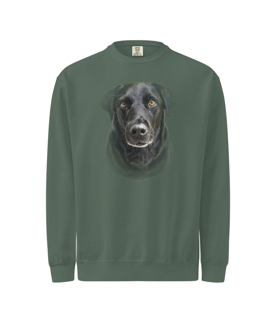 Black lab Heirloom portrait printed on a Blue Spruce sweatshirt mockup