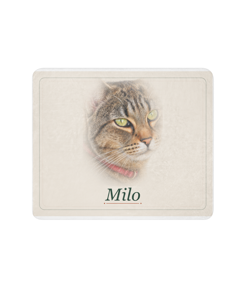 Tabby cat Heirloom portrait and Milo name on a sherpa blanket mockup