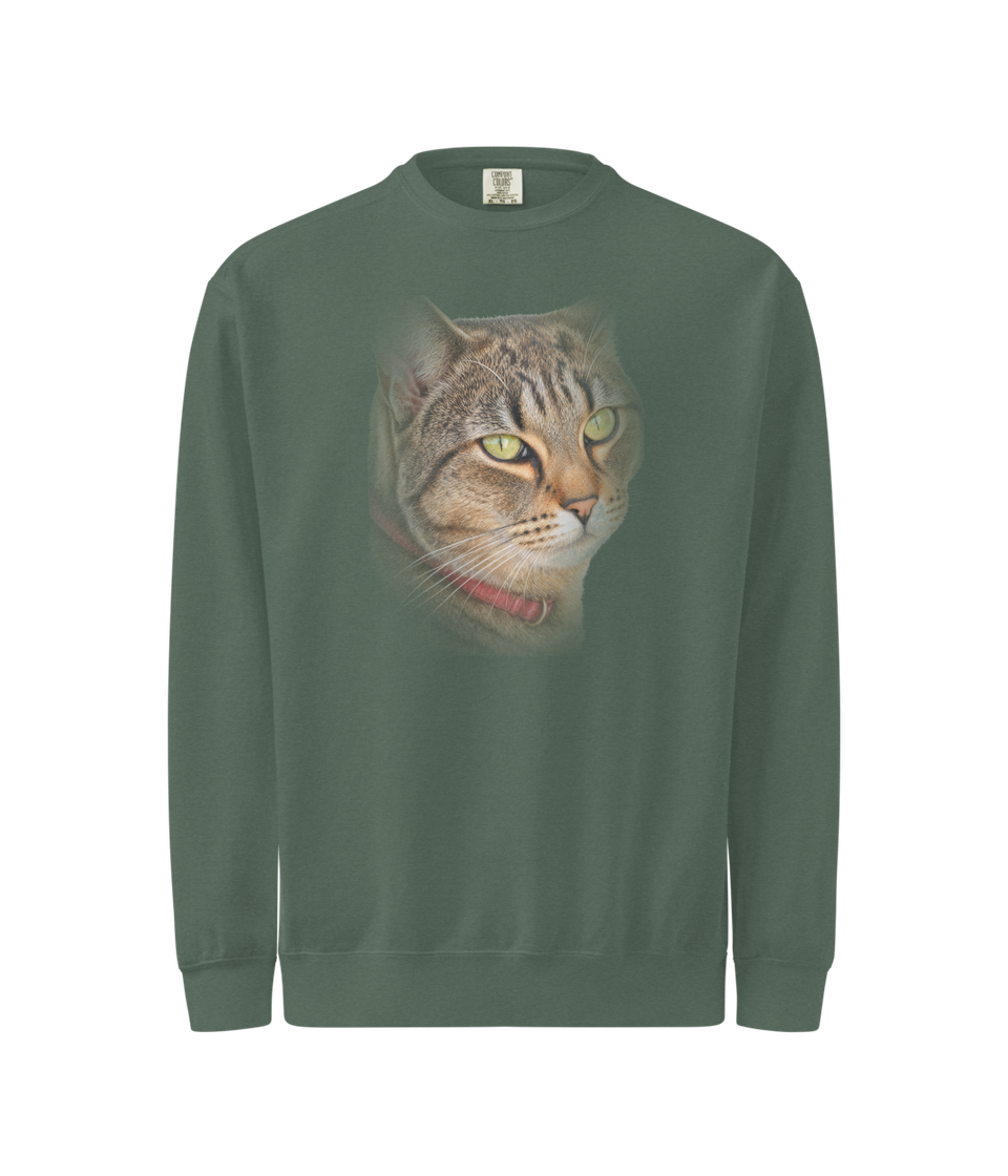 Tabby cat Heirloom portrait printed on a Blue Spruce sweatshirt mockup